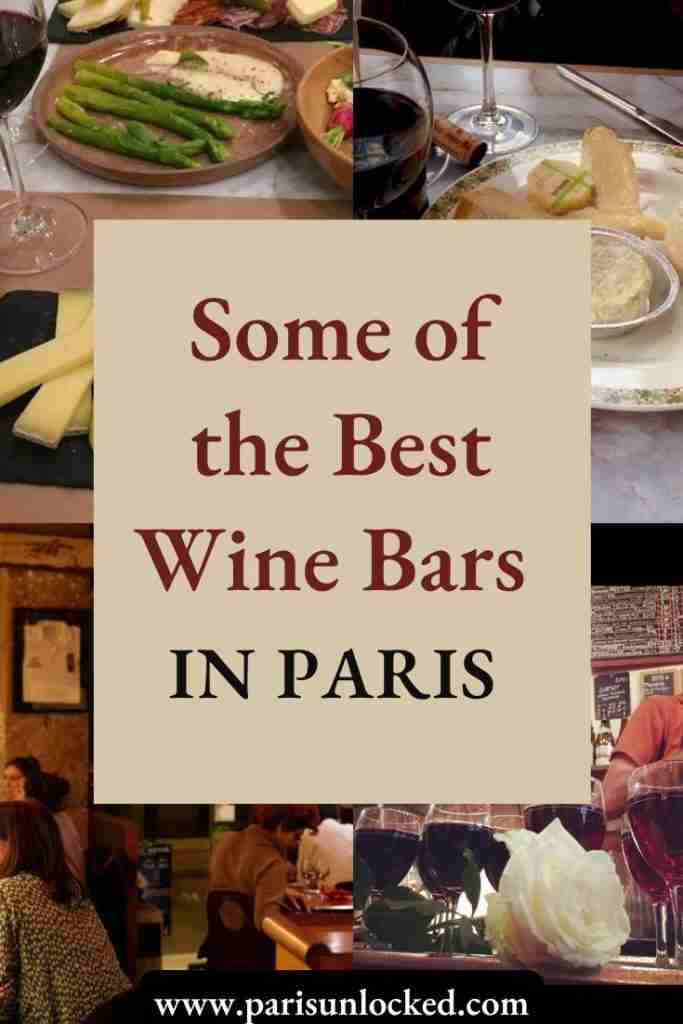 Some of the best wine bars in Paris, Pinterest image showing shots of wine bars and menu items