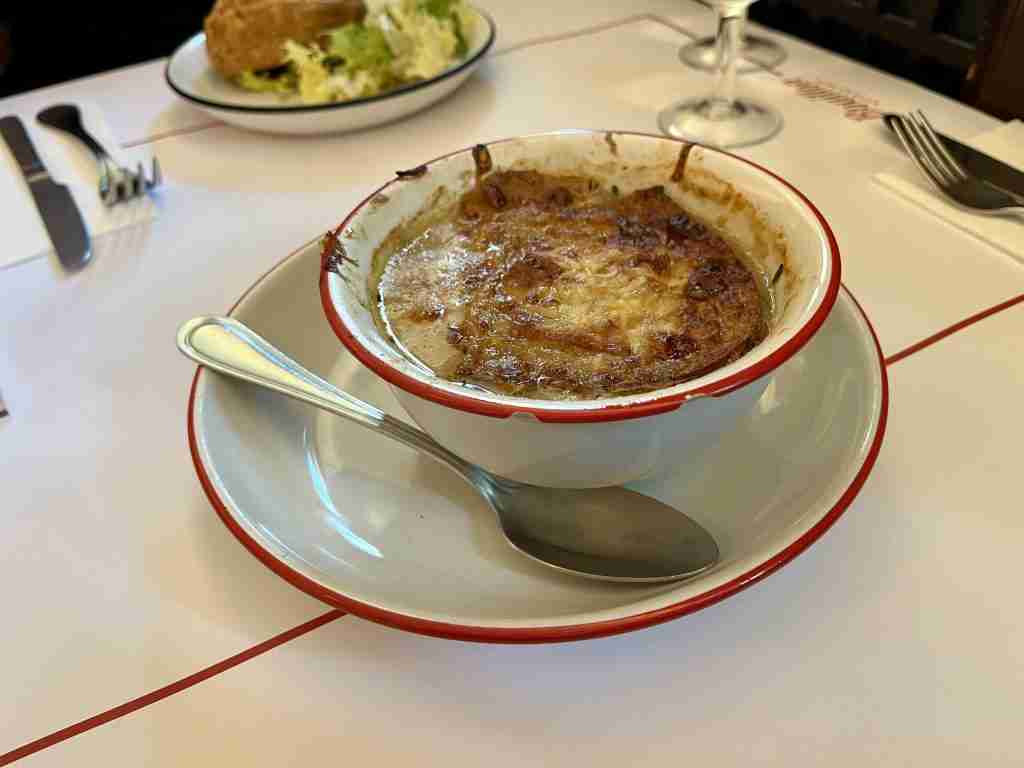 Soupe à l’oignon (French onion soup) at Boullion République in Paris (photo by Rachel Naismith)